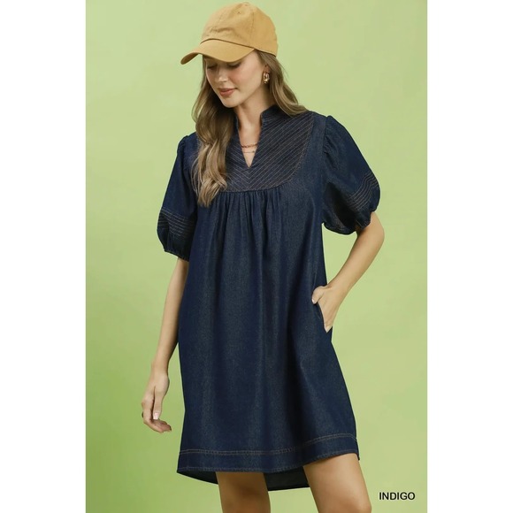 Umgee Dresses & Skirts - Umgee Notched Puff Sleeve Mini Dress with Pockets - Small